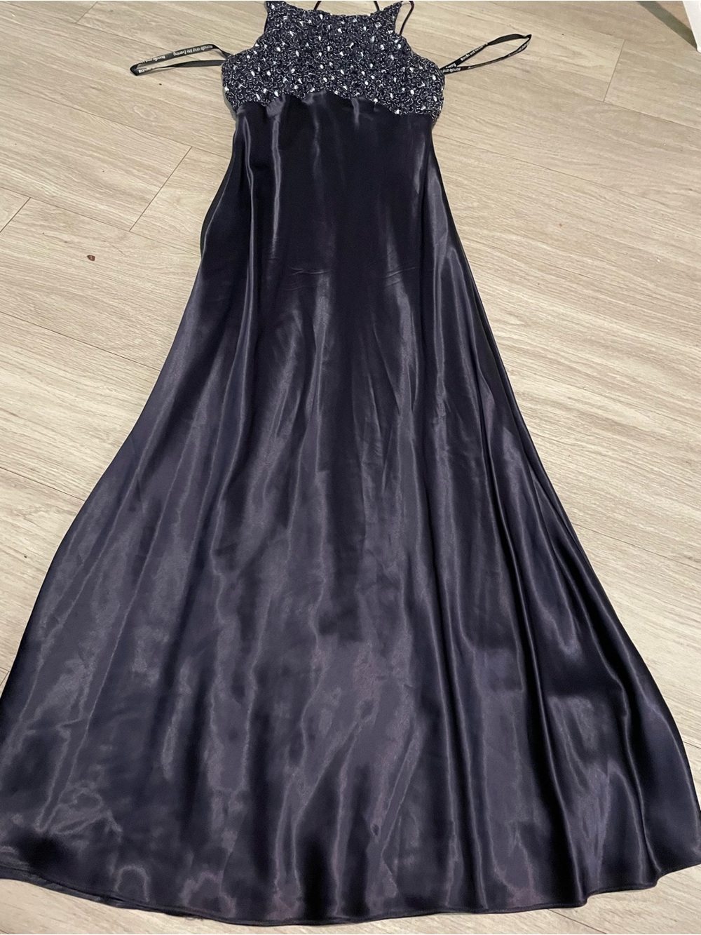 Embellished Satin Maxi Dress in Deep Navy
